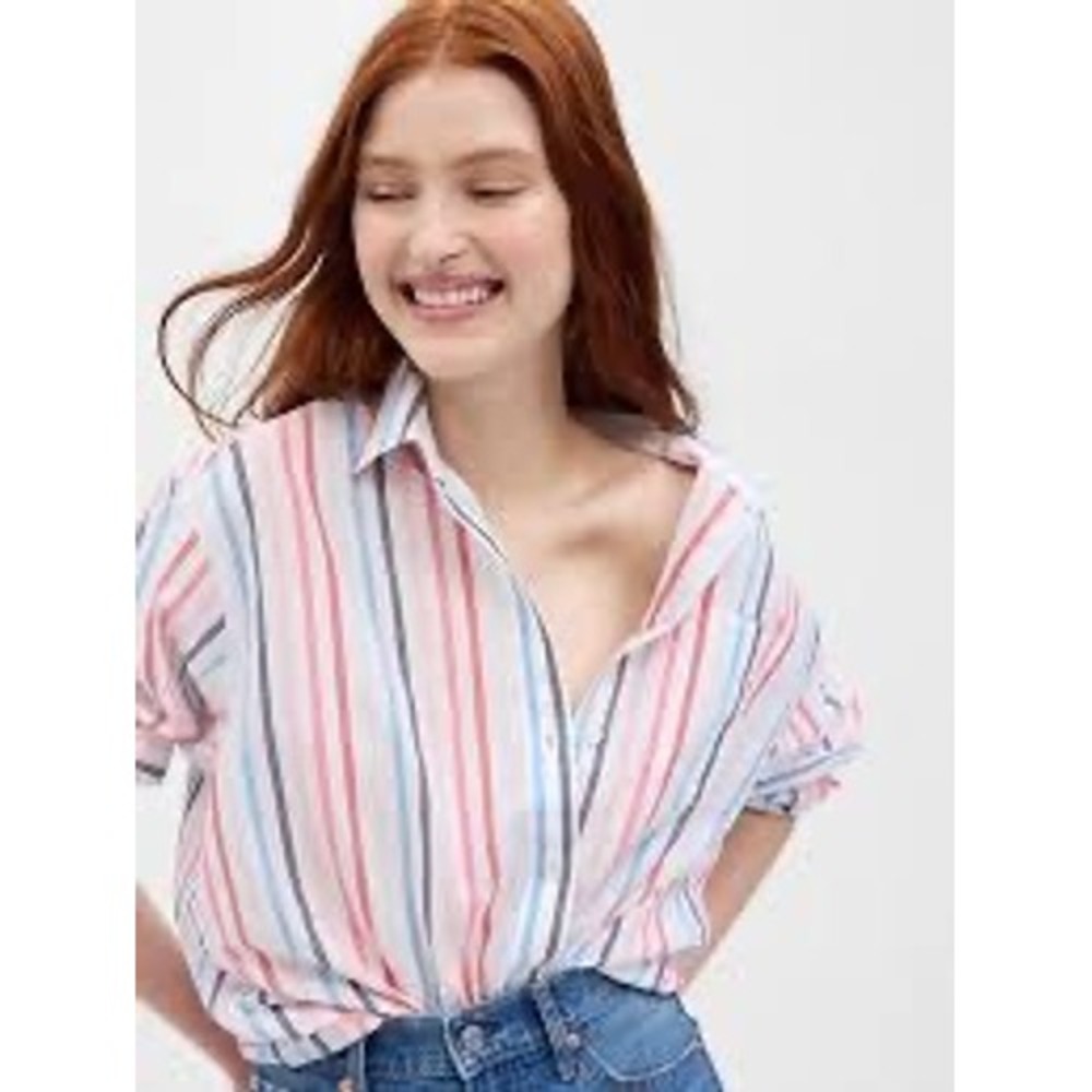 GAP The‎ Big Shirt Womens Striped Button Up Shirt Pink Blue Grey White XS